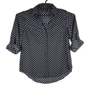 Womens Fortune + Ivy Polka Dot Button-Up Blouse Black & White Roll Tab Sleeves S